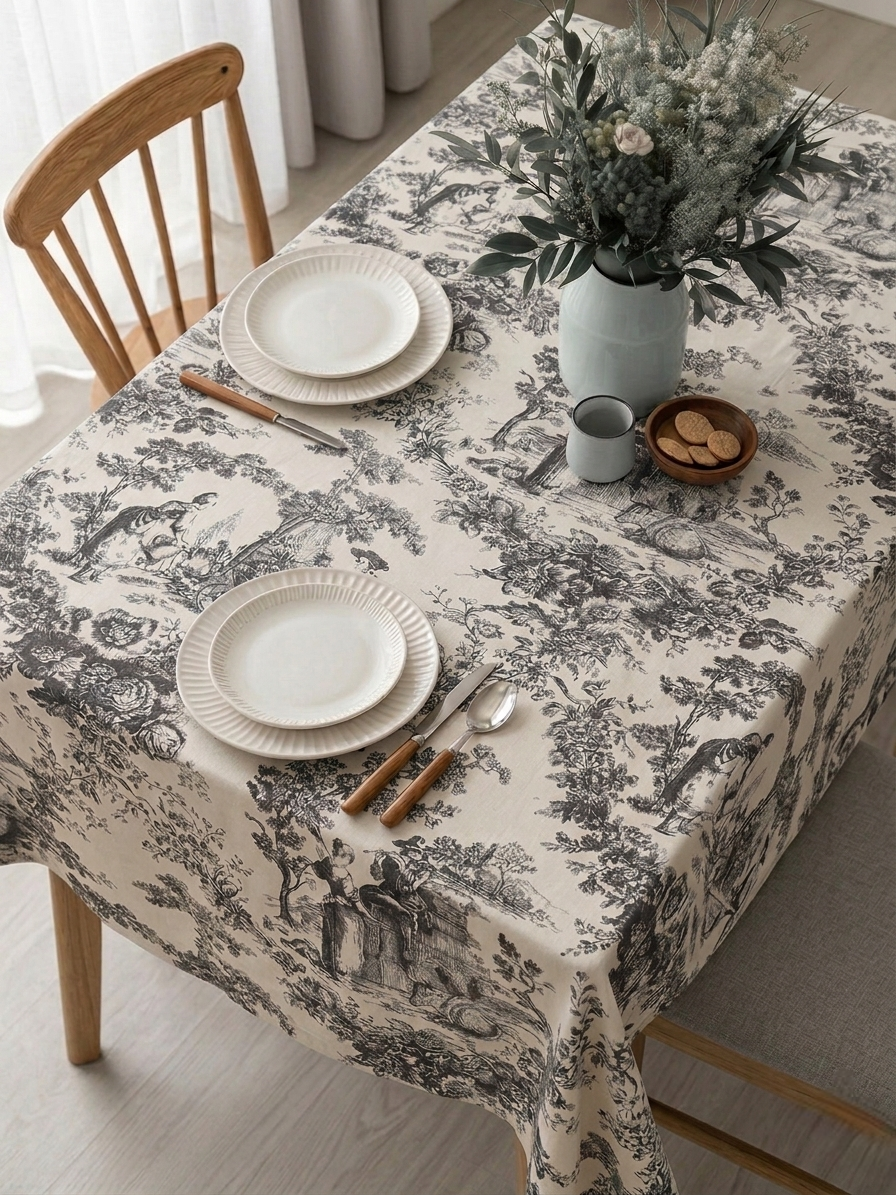 Grey Toile de Jouy Cotton Table Cover | French Print Tablecloth