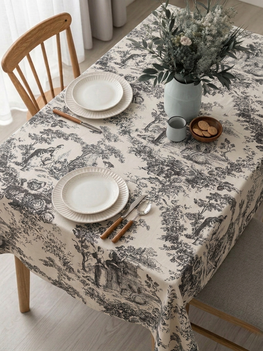 Grey Toile de Jouy Cotton Table Cover | French Print Tablecloth