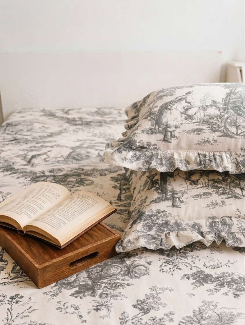 Grey Toile de Jouy Cotton Bedsheet Set of 3 | Luxury French Print Bedding