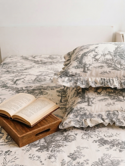 Grey Toile de Jouy Cotton Bedsheet Set of 3 | Luxury French Print Bedding