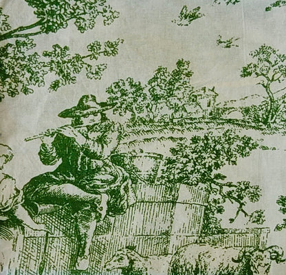 Vintage-style illustration of a man with a rifle in a natural setting, printed on fabric.