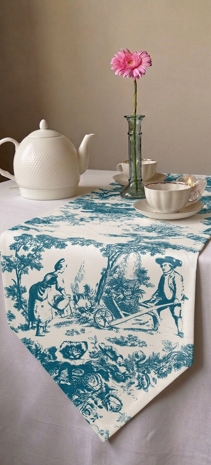 Blue Toile de Jouy Azure Cotton Table Runner | French Print Dining
