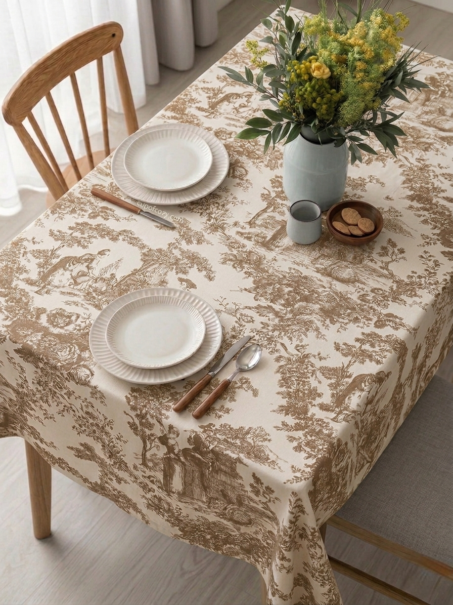 Beige Toile de Jouy Cotton Table Cover | French Print Tablecloth