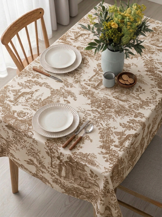 Beige Toile de Jouy Cotton Table Cover | French Print Tablecloth