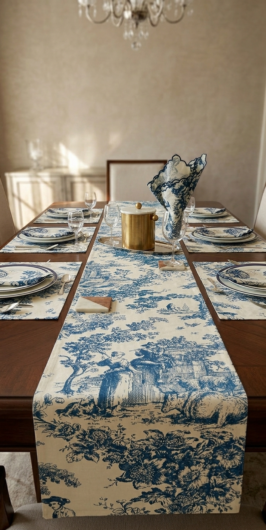 Blue Toile de Jouy Table Trio | Runner, Placemats & Napkins Set for 6