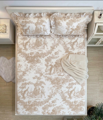 Beige Toile de Jouy Cotton Bedsheet Set of 3 | Luxury French Print Bedding