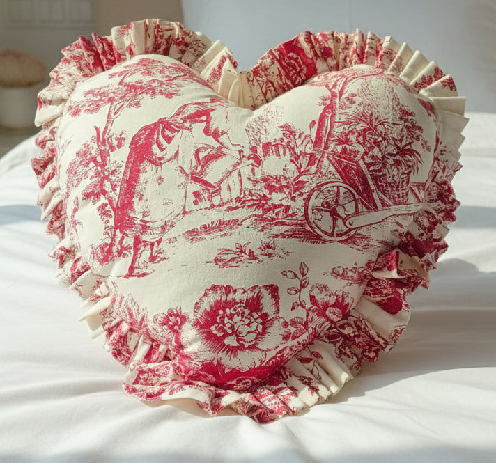Red Toile heart-shaped cushion print detail - Viraasa romantic home decor