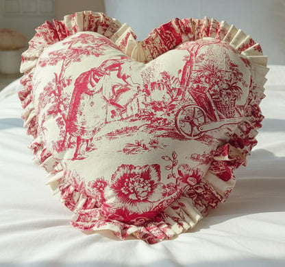 Red Toile heart-shaped cushion print detail - Viraasa romantic home decor
