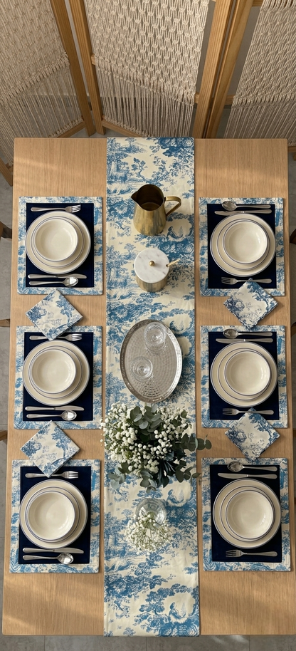 Blue Toile Frame Table | Runner, Placemats & Scalloped Napkins Set