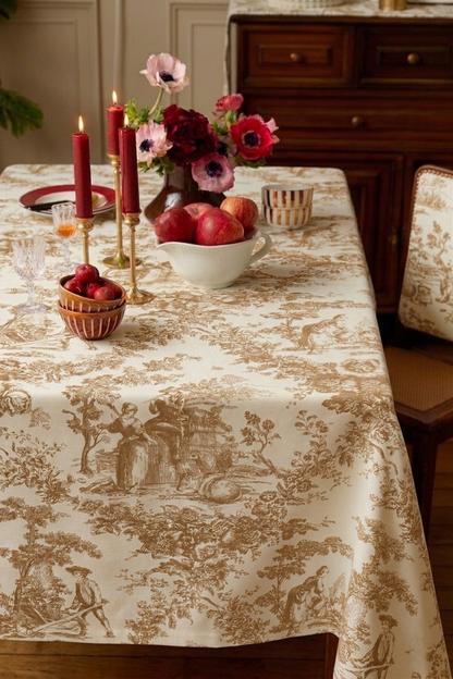 Beige Toile de Jouy Cotton Table Cover | French Print Tablecloth