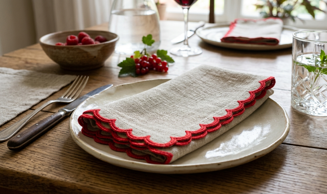 Beige Ember Scallop Embroidered Cotton Napkins Set of 6 | Dining Decor