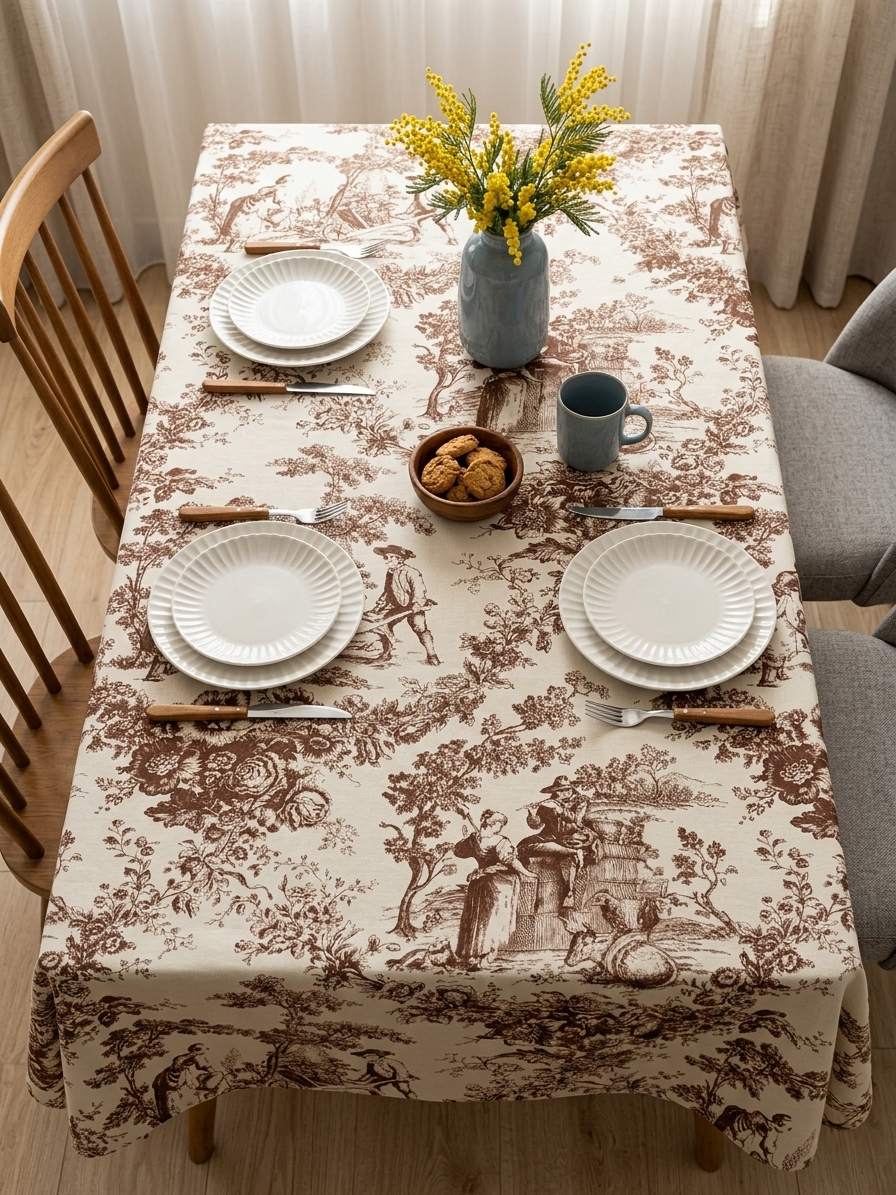 Brown Toile de Jouy Cotton Table Cover | French Print Tablecloth