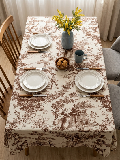 Brown Toile de Jouy Cotton Table Cover | French Print Tablecloth