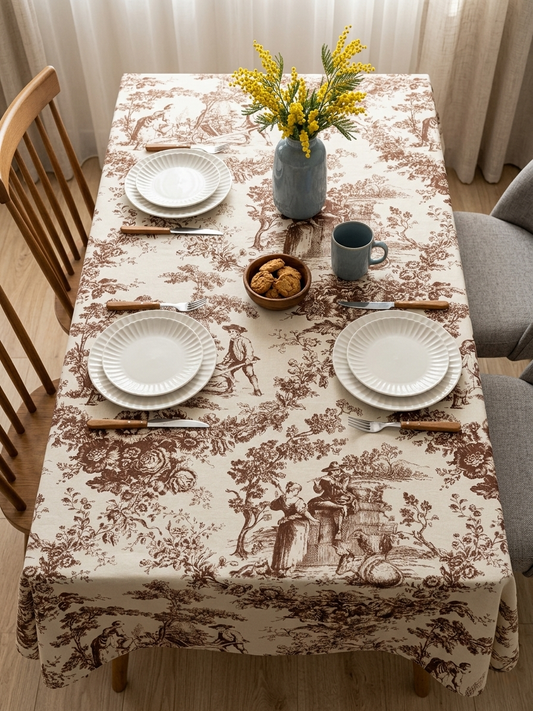 Brown Toile de Jouy Cotton Table Cover | French Print Tablecloth