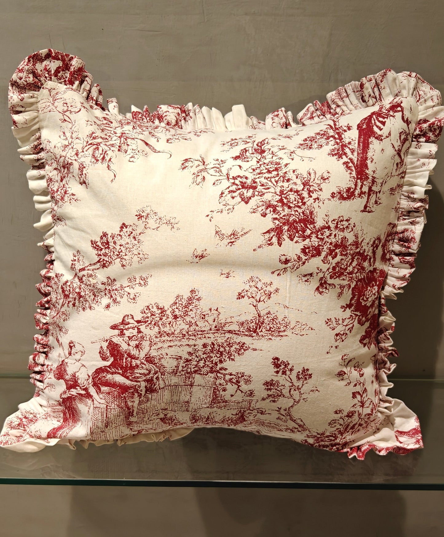 Red Toile cushion styled on sofa - Viraasa luxury French linens