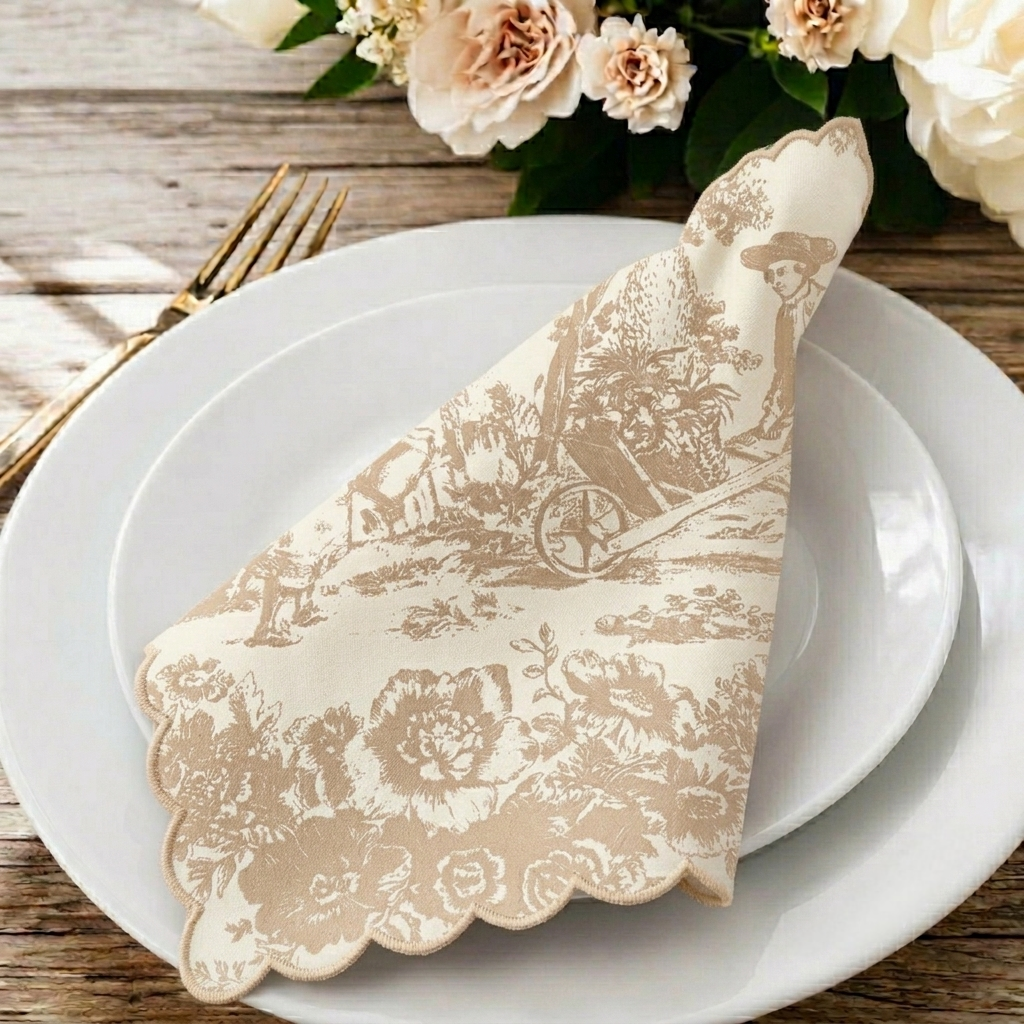 Golden Beige Toile de Jouy Napkins for Festive Tables | Set of 6