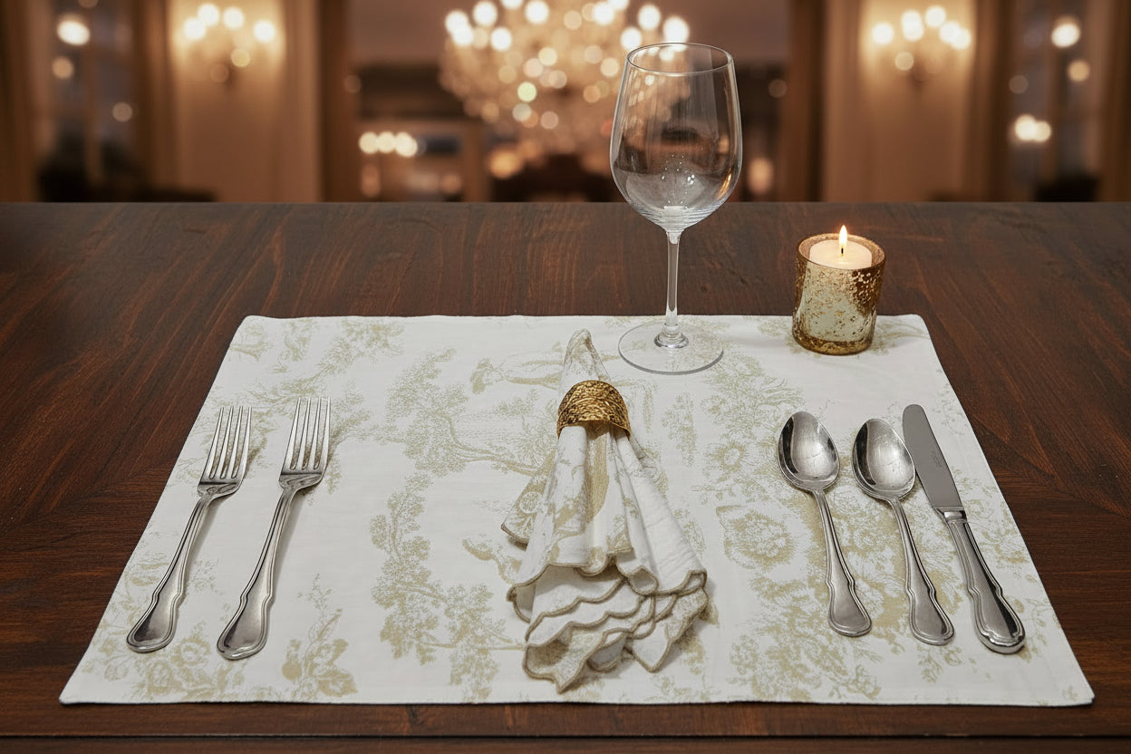 Gold wedding dress on a decorative white and beige placemat