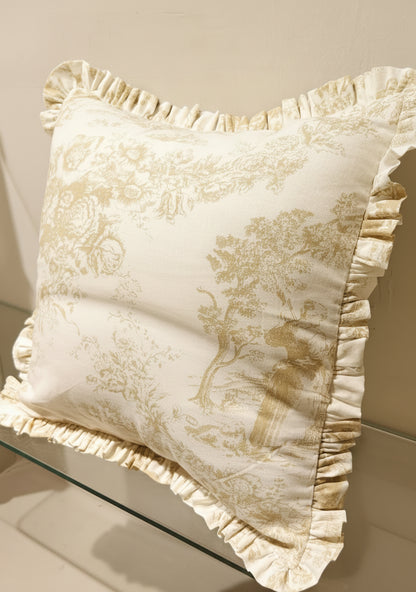Beige Toile cushion styled on sofa - Viraasa luxury French linens