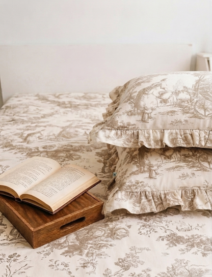 Beige Toile de Jouy Cotton Bedsheet Set of 3 | Luxury French Print Bedding