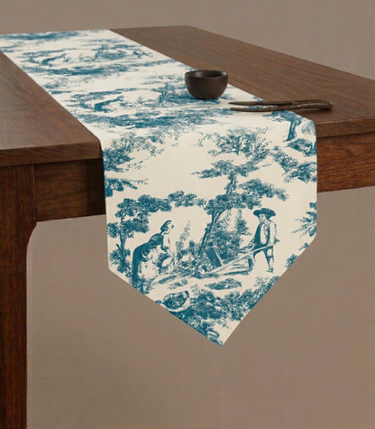Blue Toile de Jouy Azure Cotton Table Runner | French Print Dining