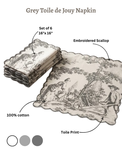 Smoke Grey Toile de Jouy Dinner Napkins | Embroidered Set of 6
