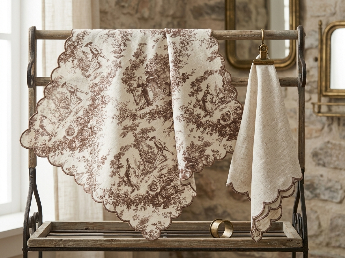 Brown Toile de Jouy Scallop Linen Napkins Set of 6 | Premium French Dining