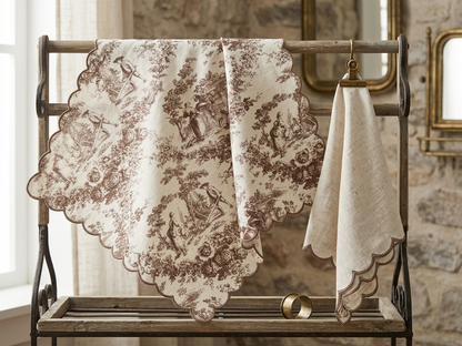 Brown Toile de Jouy Scallop Linen Napkins Set of 6 | Premium French Dining