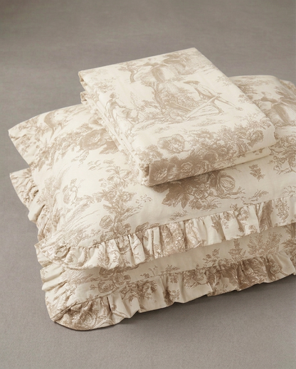 Beige Toile de Jouy Cotton Bedsheet Set of 3 | Luxury French Print Bedding