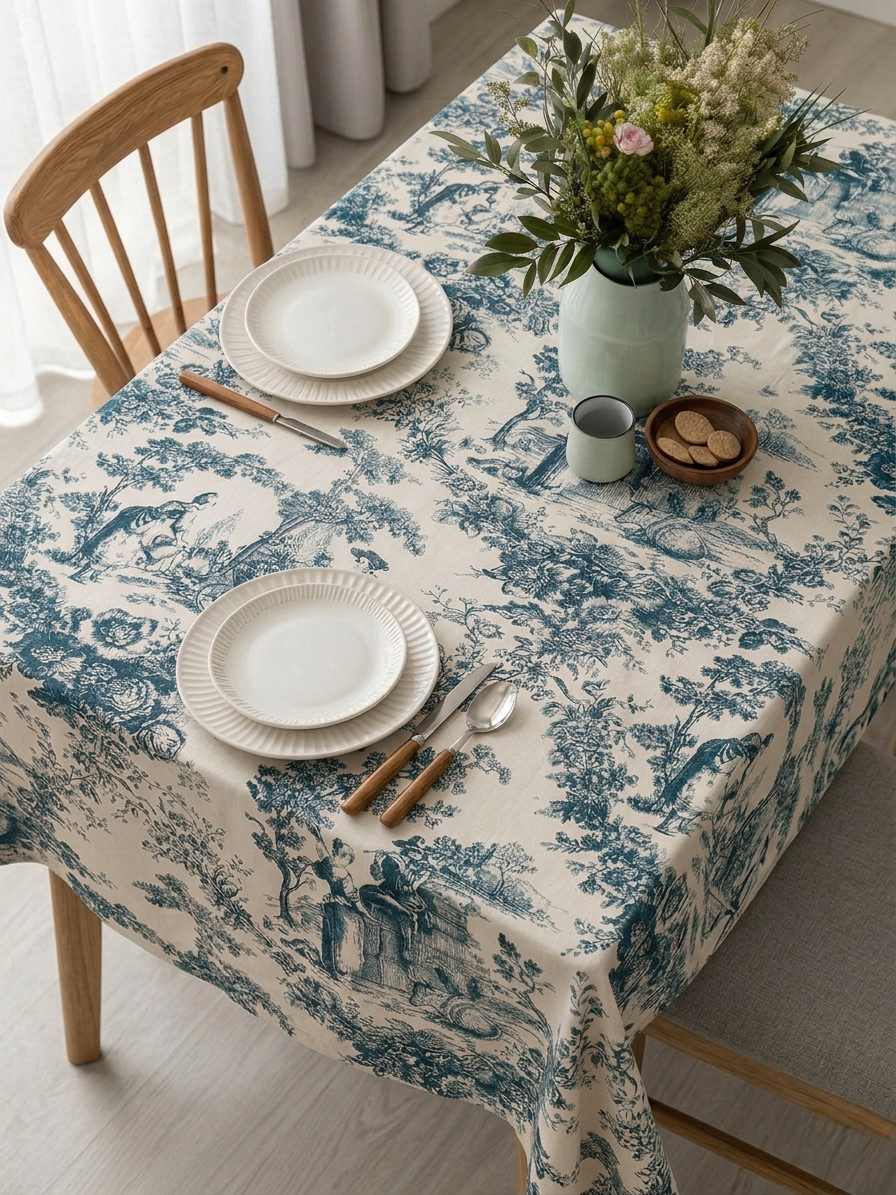 Blue Toile de Jouy Cotton Table Cover | French Print Tablecloth