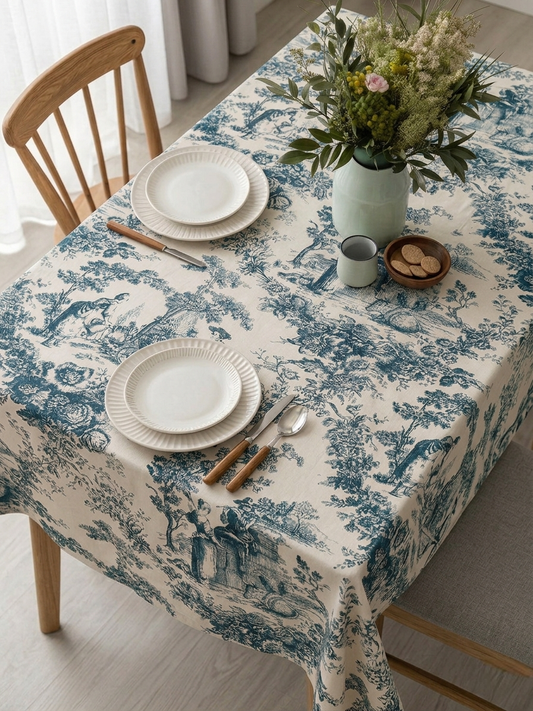 Blue Toile de Jouy Cotton Table Cover | French Print Tablecloth