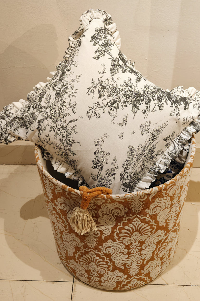 Back view of Grey Toile de Jouy cushion - Viraasa