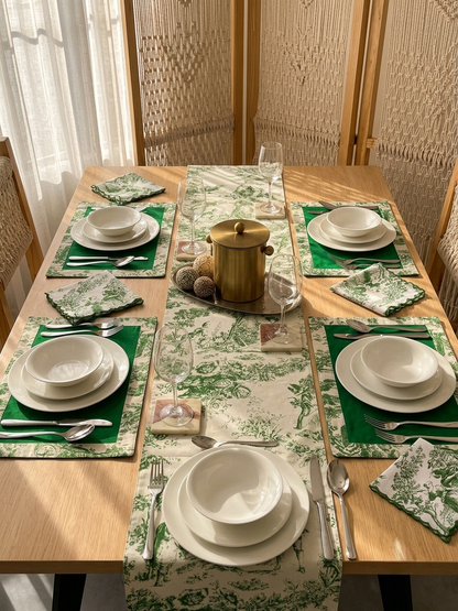 Green Toile Frame Table | Runner, Placemats & Scalloped Napkins Set