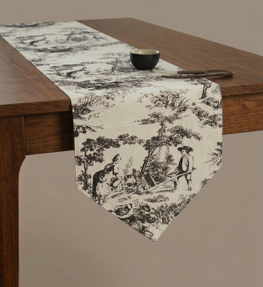 Black Toile de Jouy Noir Cotton Table Runner | French Print Dining