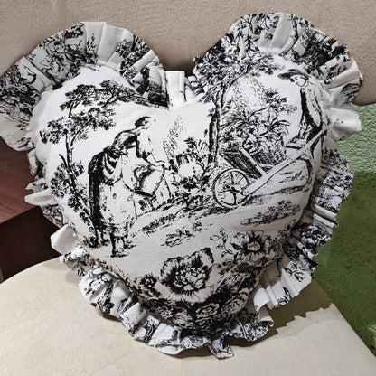 Black Toile heart-shaped cushion print detail - Viraasa romantic home decor