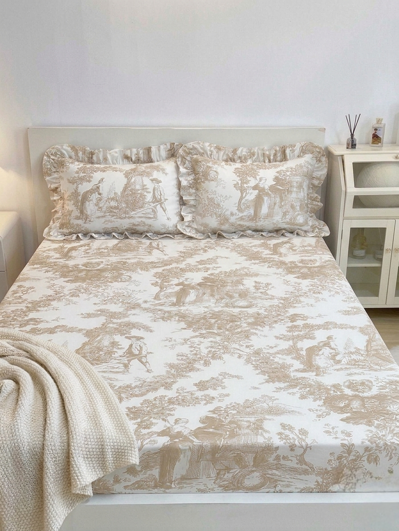 Beige Toile de Jouy Cotton Bedsheet Set of 3 | Luxury French Print Bedding