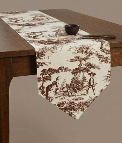 Brown Toile de Jouy Cocoa Cotton Table Runner | French Print Dining