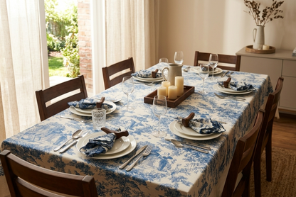 Blue Toile de Jouy Table Cover & Napkins Set | Table Cover with 6 Scallop Napkins