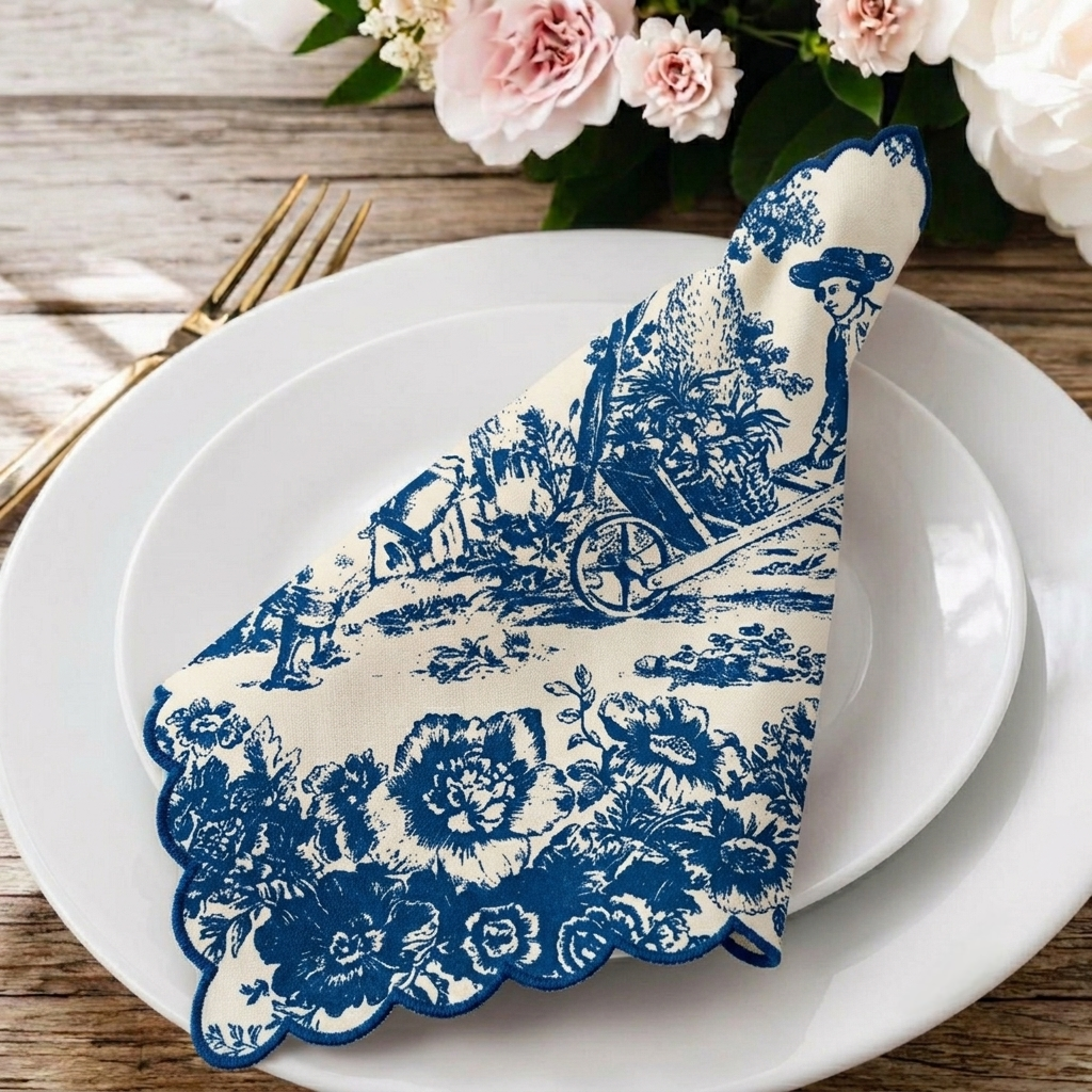 Indigo Blue Toile de Jouy Napkins with Scallop Edge | Set of 6